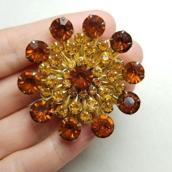 Vintage Yellow and Dark Orange Rhinestone Cluster Floral Flower Brooch 60s Style - Picture 1 of 6